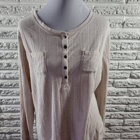 Chaps Womens Top 2X Knit Long Sleeve Pockets Beige Quarter Button A9E - Picture 3 of 8